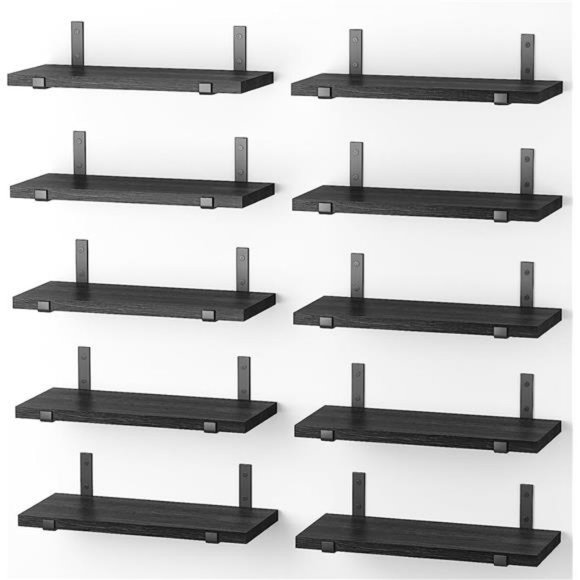 Floating Shelves Set of 10 Rustic Wood Farmhouse Wall Mounted Shelves (Black)